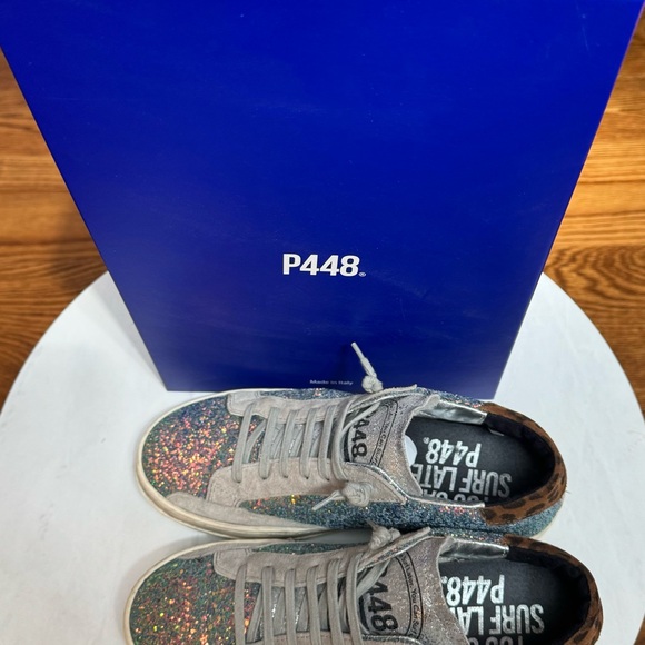 P448 Glitter Sneakers grey suede and cognac leopard print suede heel tab.Size 39 - Picture 8 of 9